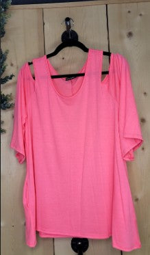 💗 Neon Pink Cold‑Shoulder Draped Top w/side pockets