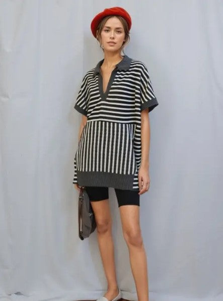 Short Sleeve Stripe Collar Top - Cream/Black - MOVING SALE DISCOUNT 50%