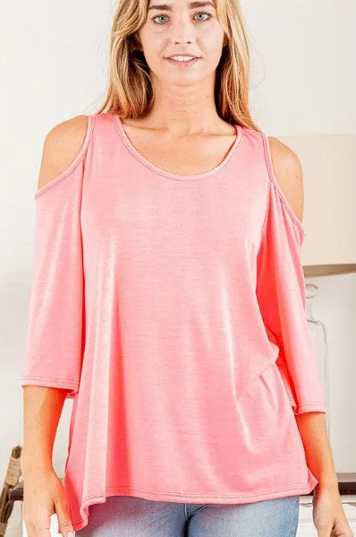 Neon Pink Cold‑Shoulder Draped Top w/side pockets - MOVING SALE DISCOUNT 40%