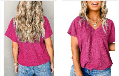 Textured V Neck Bubble Hem Plus Top | Bright Pink