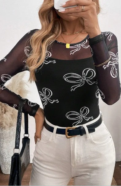 Valentine's Day Round Neck Bow Print Long Sleeve Mesh Top - Black - MOVING SALE DISCOUNT 20%