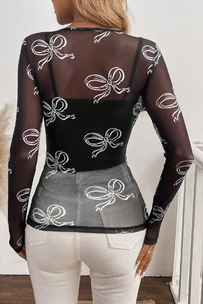 Valentine's Day Round Neck Bow Print Long Sleeve Mesh Top - Black
