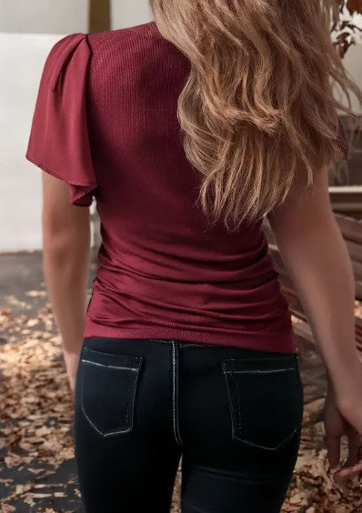 Mesh Ruffled Sleeve Slim Fit V Neck Top - Red - MOVING SALE DISCOUNT 40%
