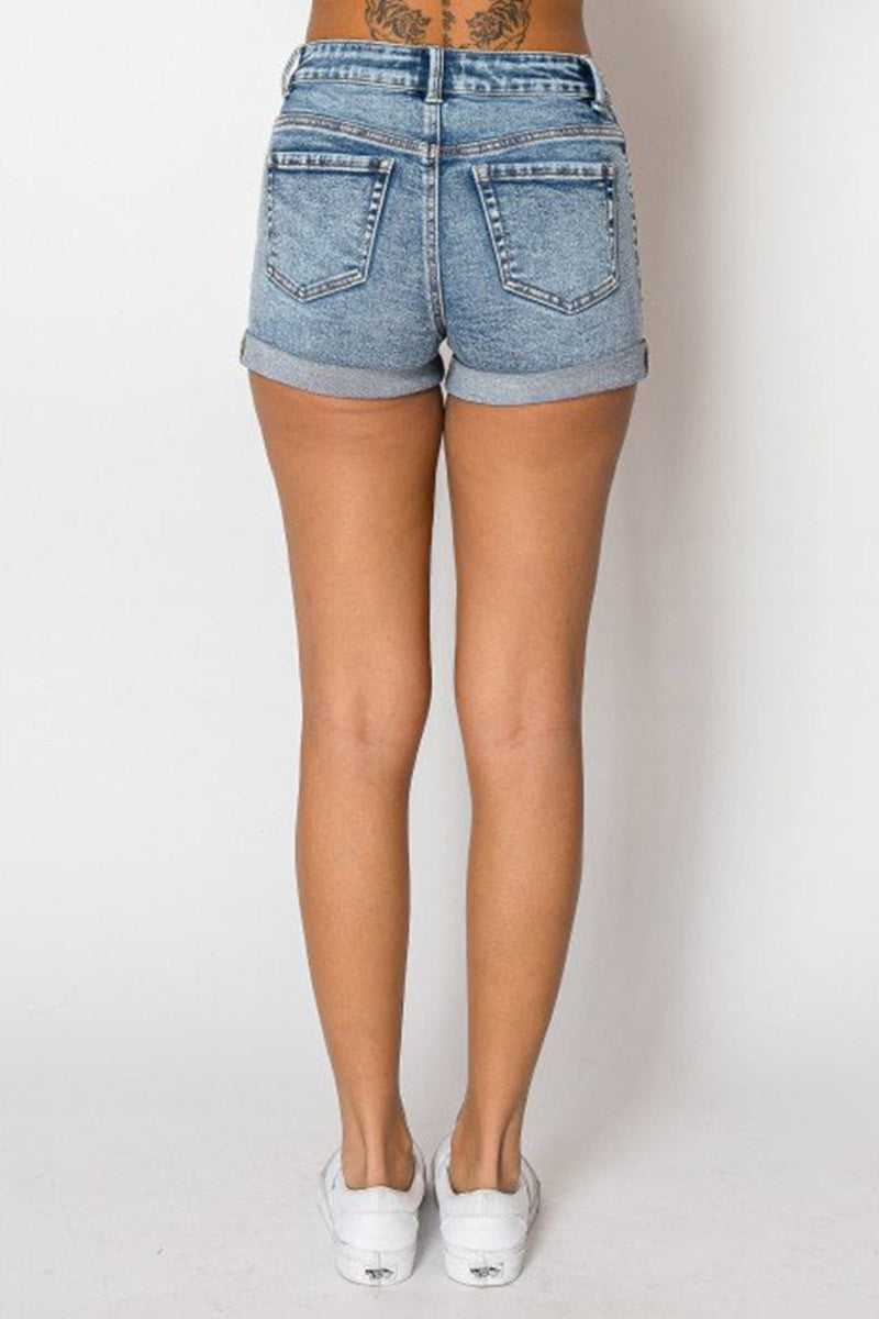 Destructed Roll Cuff Denim Jean Shorts