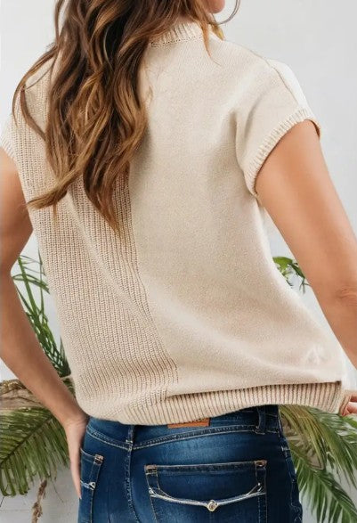 Mixed Knits Patch Pocket Short Sleeve Sweater - Beige