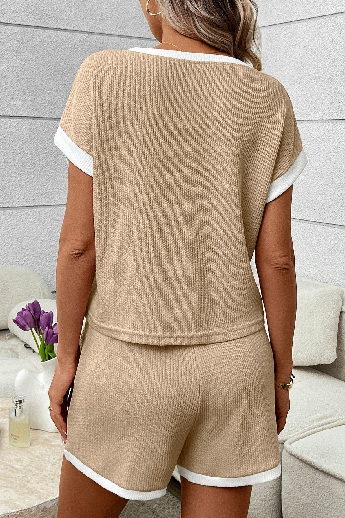Khaki Contrast Trim Short Sleeve Top and Shorts Set