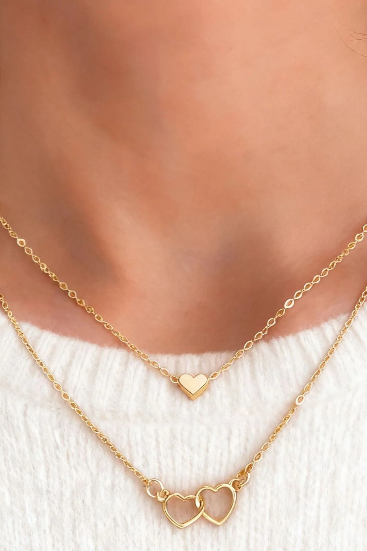Gold Layered Heart Necklace Double Chain Minimalist