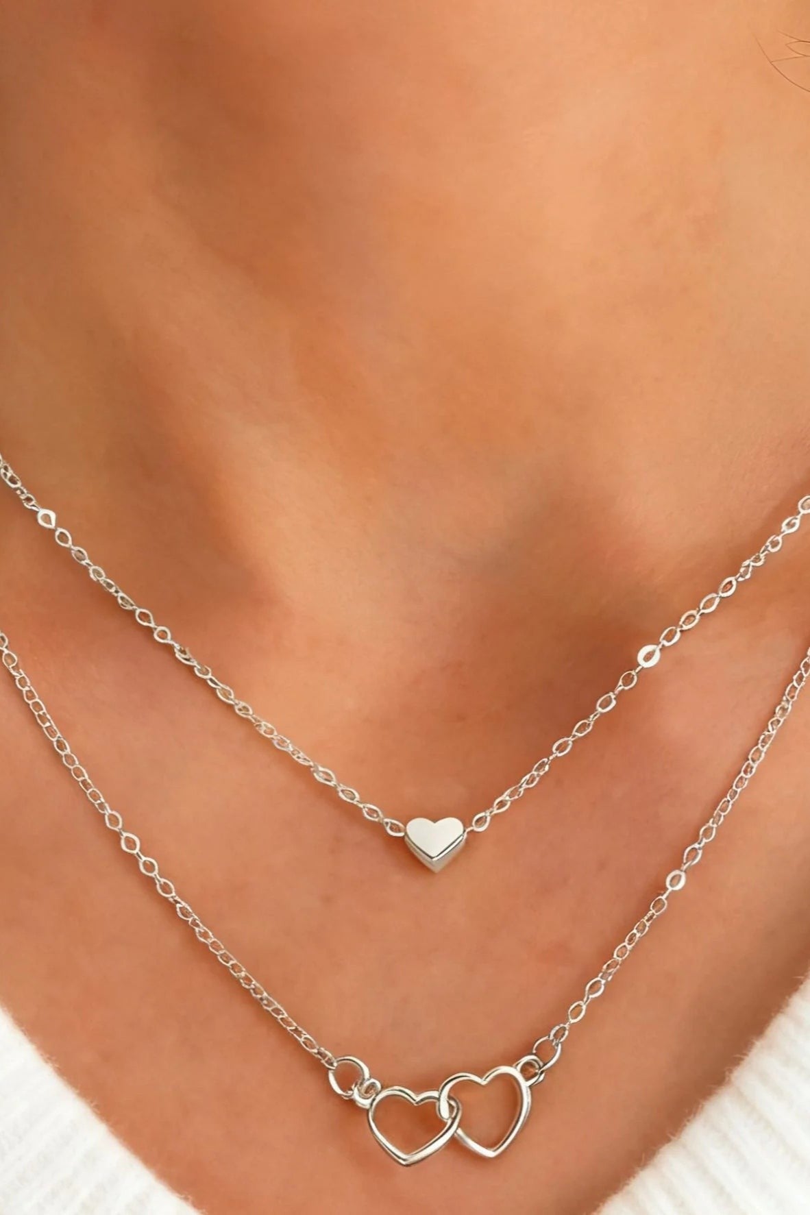 Silver Layered Heart Necklace Double Chain Minimalist