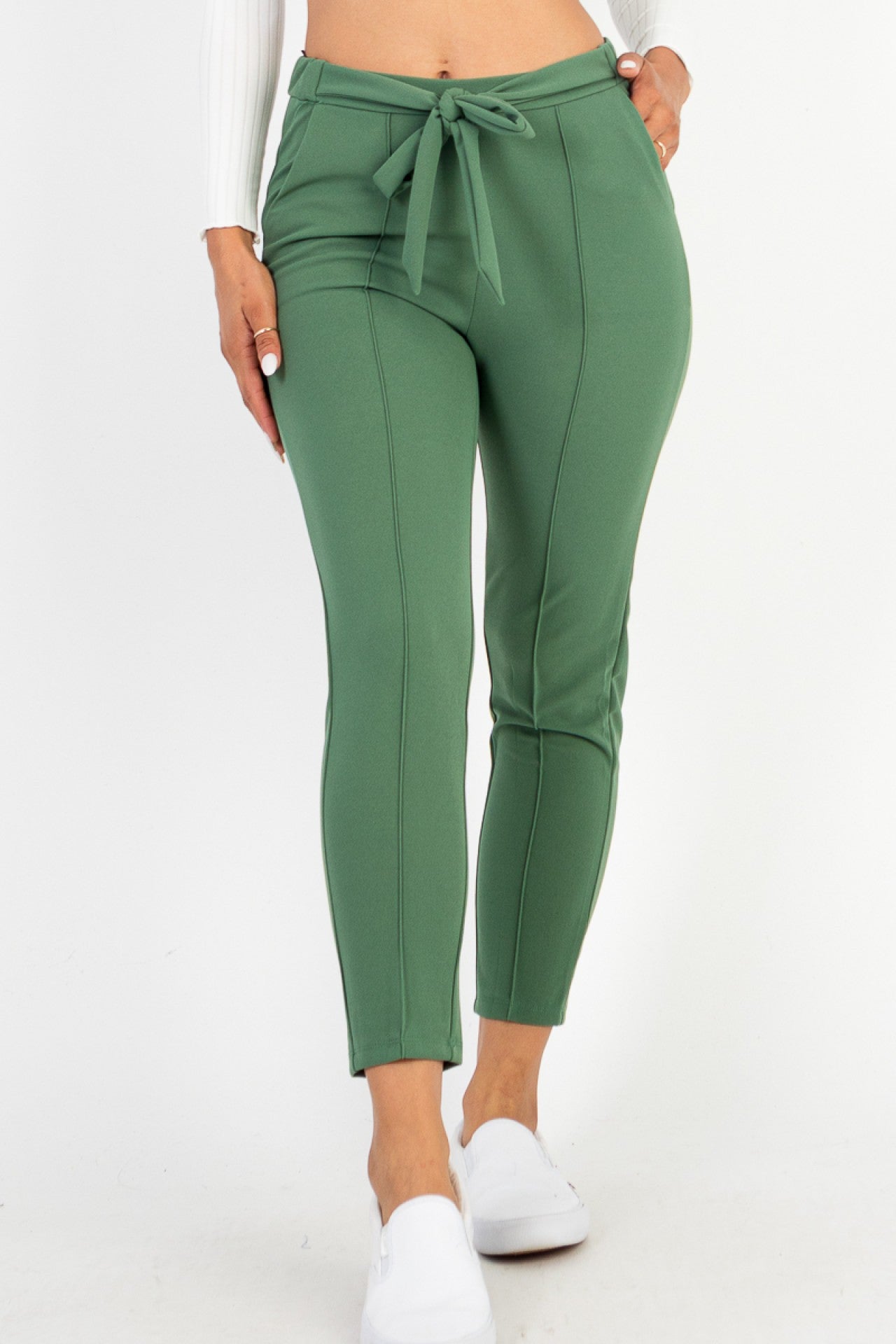 Thin Knit Tie Front Pants – Black & Fern