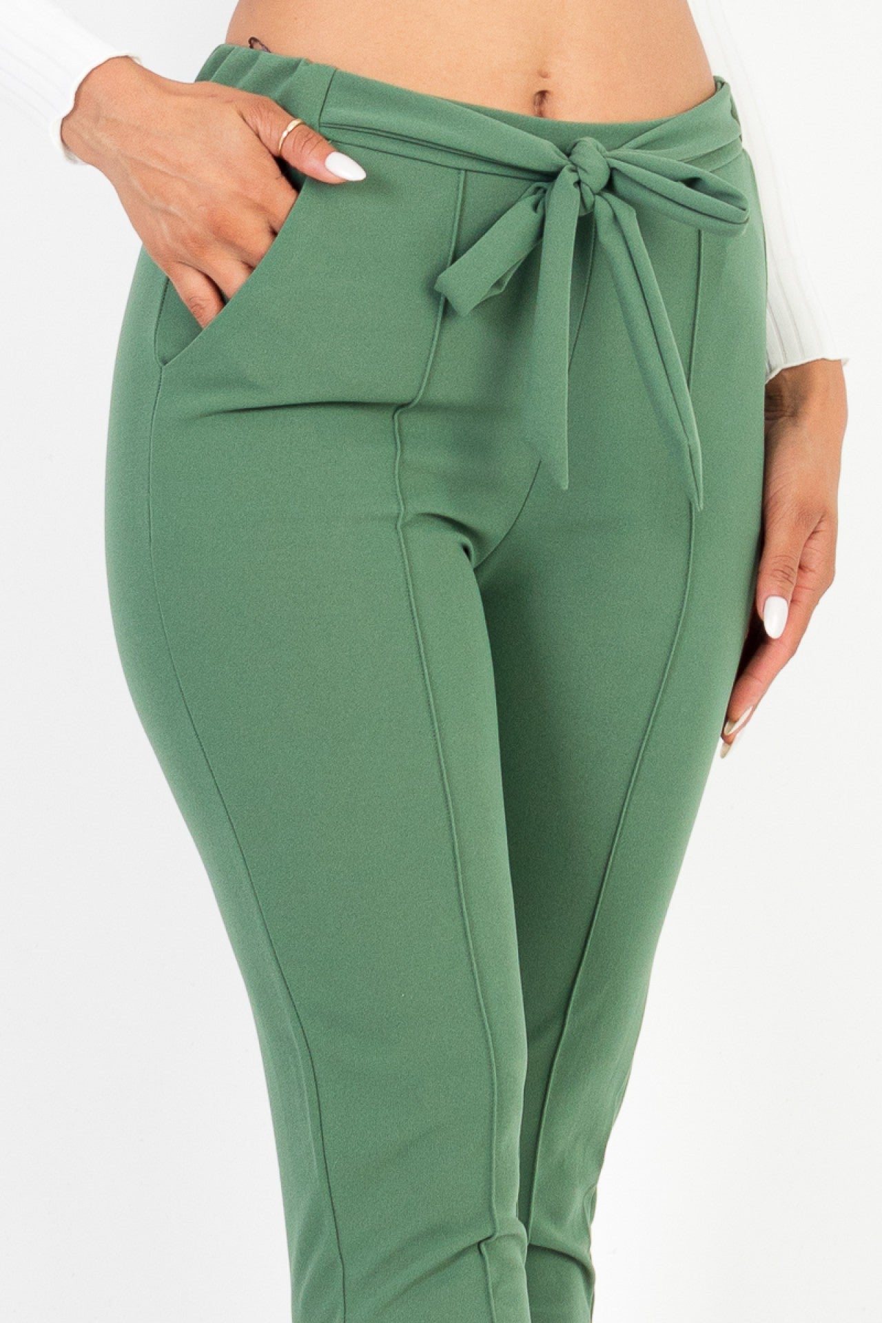 Thin Knit Tie Front Pants – Black & Fern