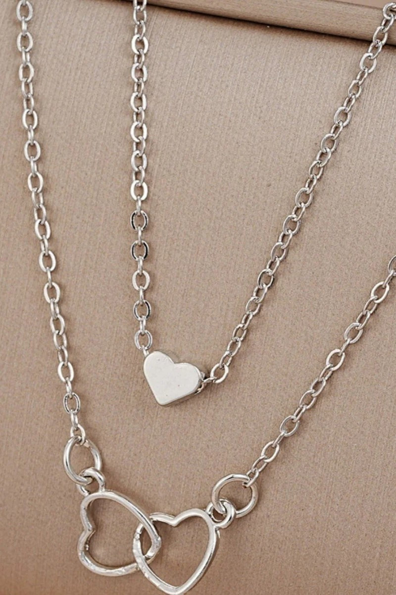 Silver Layered Heart Necklace Double Chain Minimalist