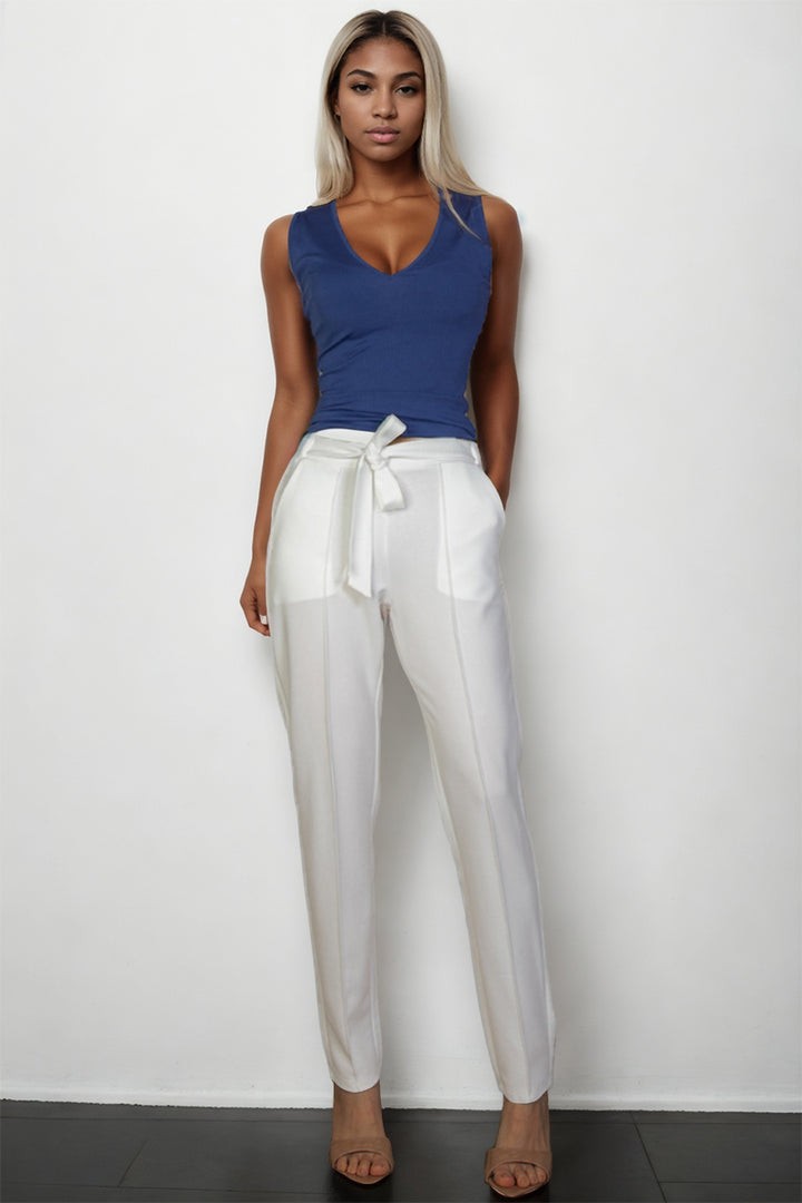 Thin Knit Tie Front Pants – Black & Fern